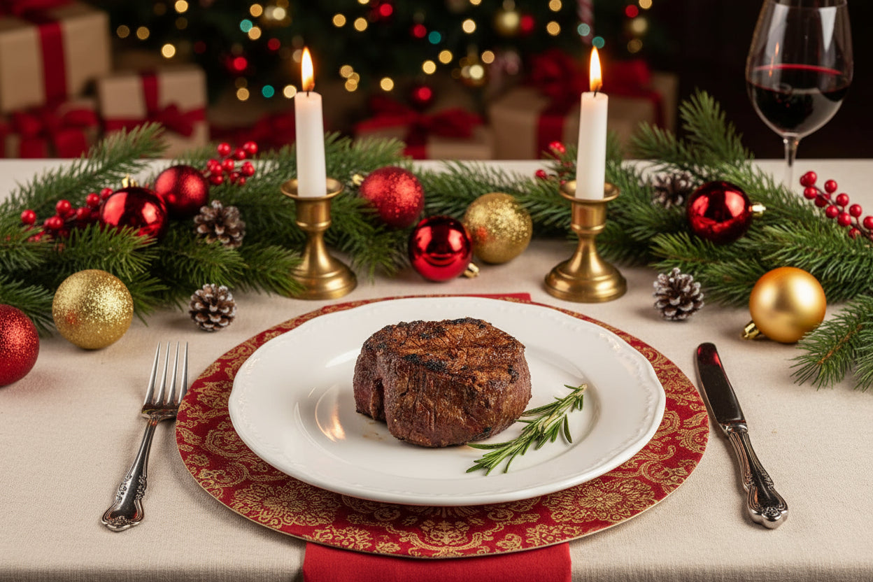A grilled USDA Choice filet mignon steak displayed on a wooden cutting board, accompanied by garlic and rosemary.