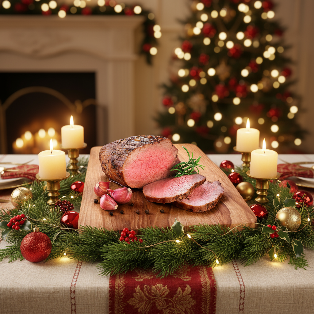 A cooked boneless prime rib roast on a wooden cutting board, with sliced pieces alongside garlic cloves and a sprig of rosemary.
