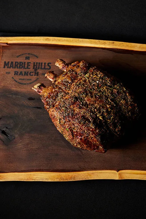 A beautifully presented 3-bone in prime rib roast from Marble Hills Ranch.